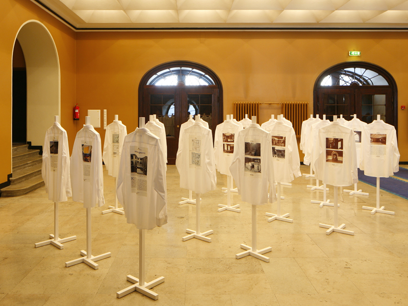 Parliament house 90 exhibition project told the history of the building by illustrating pictures on white dress shirts.